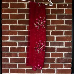 Red Sheer Embroidered Floral Scarf Long Wrap Vintage Style Lightweight